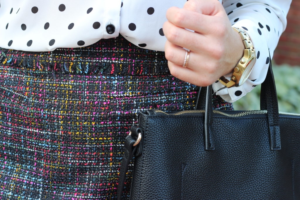 H&M tweed skirt with polka dot blouse and statement earrings