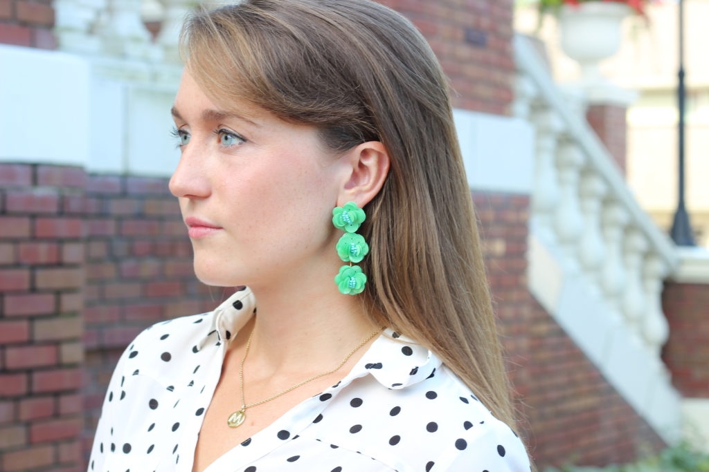 tweed H&M skirt with polka dot blouse and statement earrings