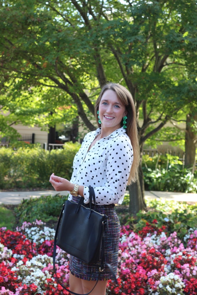 tweed H&M skirt with polka dot blouse and statement earrings