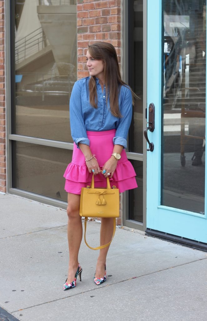 Pink Ruffle J.Crew skirt with chambray blouse and floral pumps