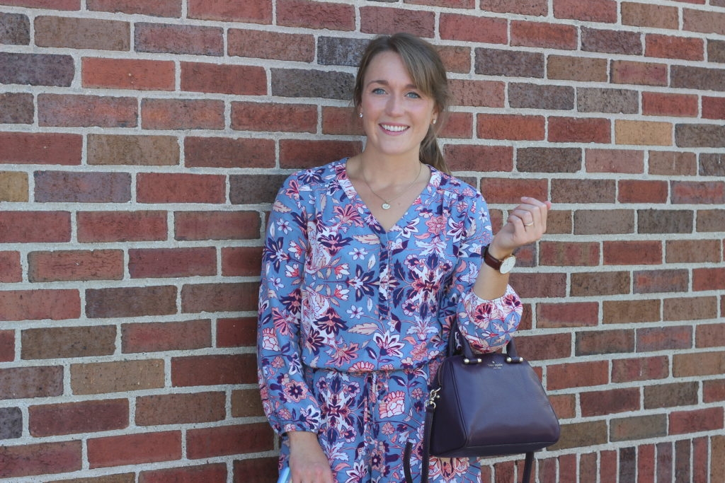 Old Navy Purple Floral Romper with Plum Kate Spade and Blush Sneakers