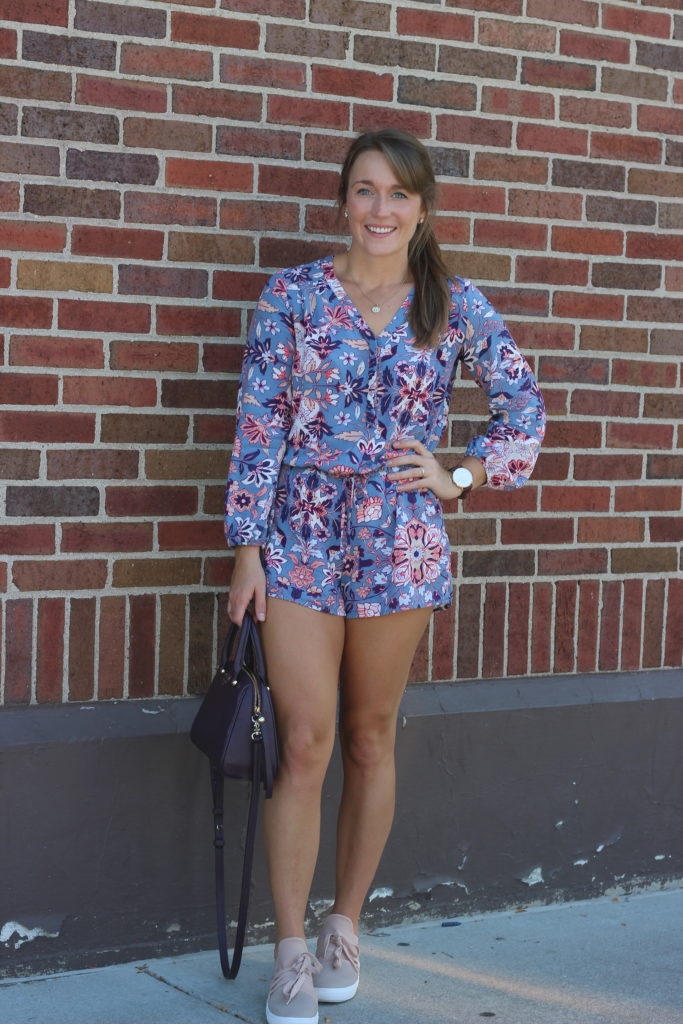 Old navy purple floral romper with plum kate spade and blush sneakers