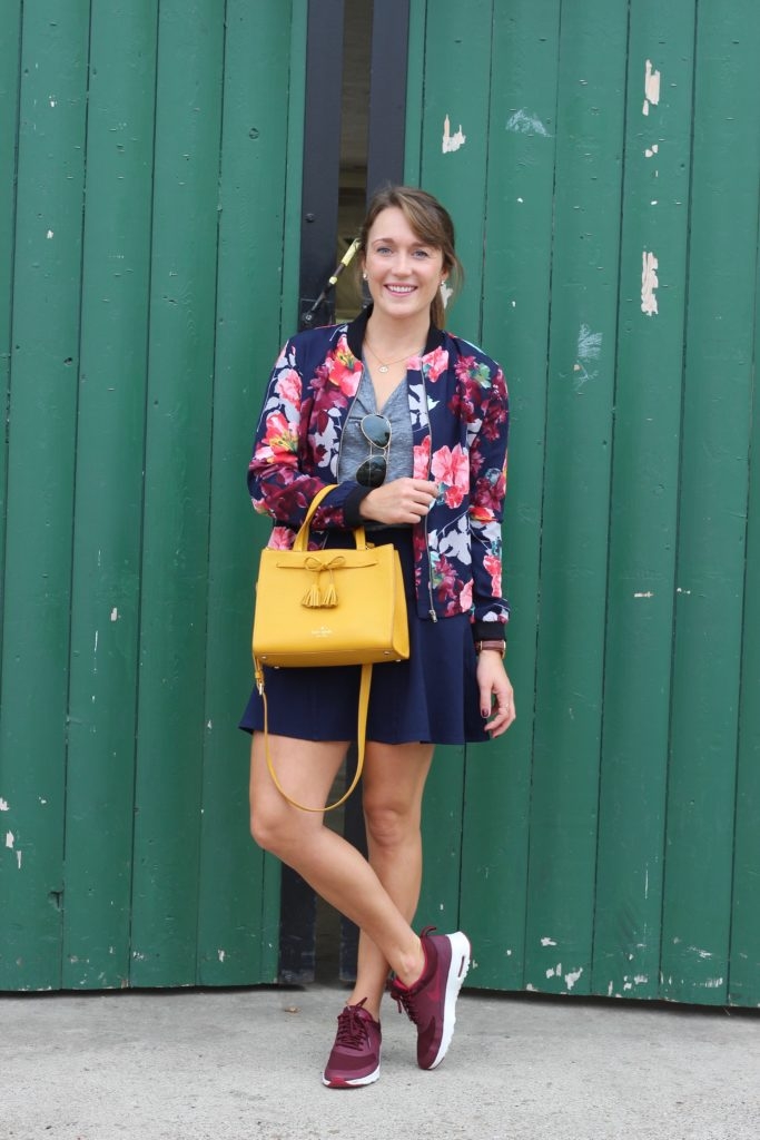 Floral Bomber Jacket with Nike Air Max Thea Sneakers and Mini Skirt