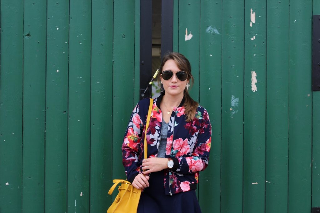 Floral Bomber Jacket with Nike Air Max Thea Sneakers and Mini Skirt