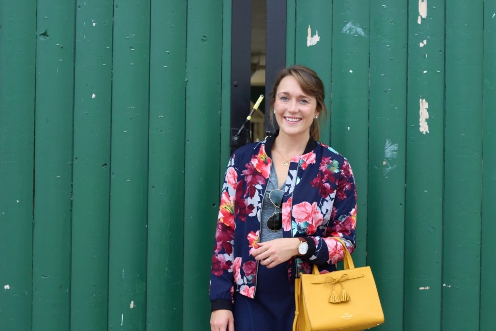 Floral Bomber Jacket with Nike Air Max Thea Sneakers and Mini Skirt