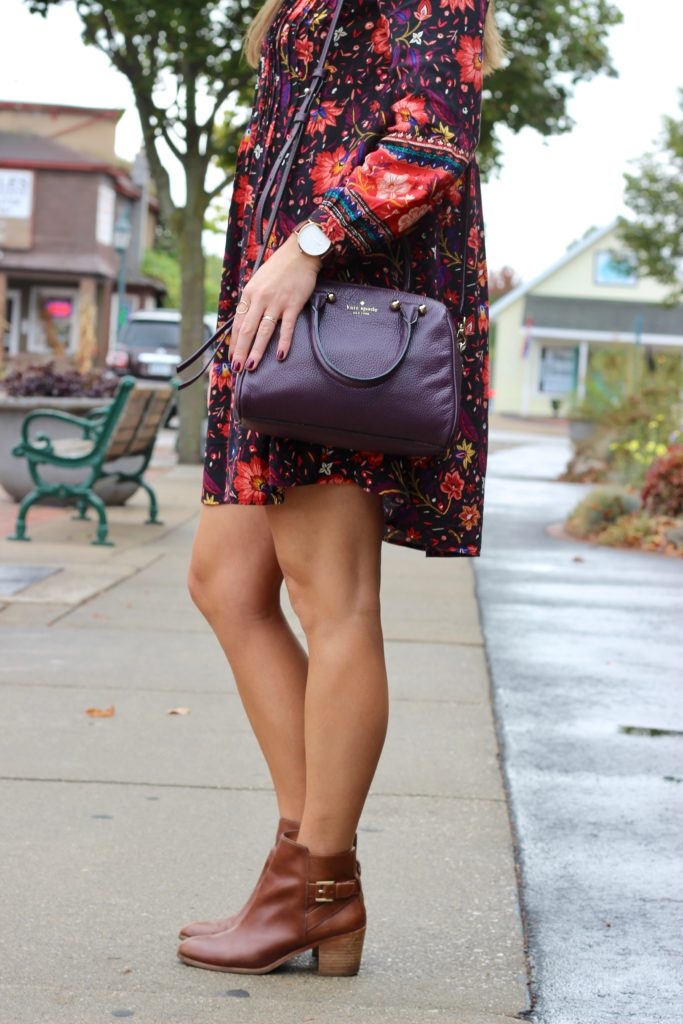 Old Navy Bohemian Print Shift Dress with Brown Ankle Boots