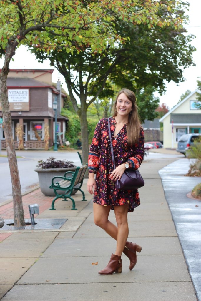 Old Navy Bohemian Print Shift Dress with Brown Ankle Boots