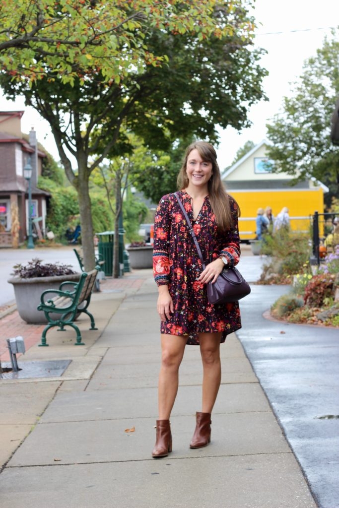 Old Navy Bohemian Print Shift Dress with Brown Ankle Boots