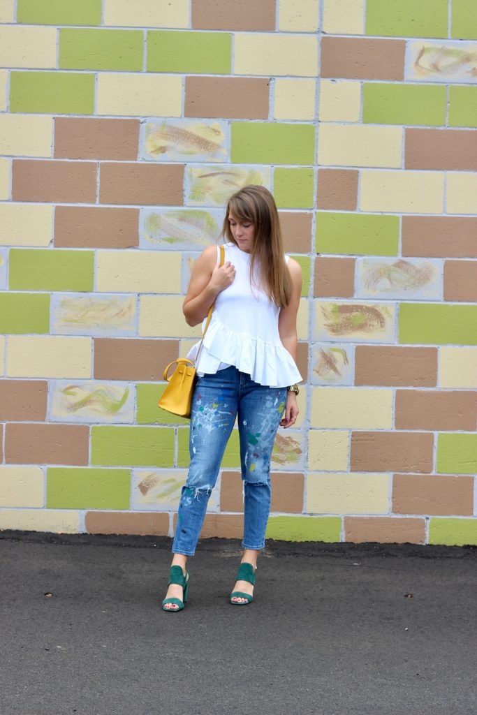 Banana Republic Ruffle Tank with Zara Paint Splattered Jeans and Suede Sandals