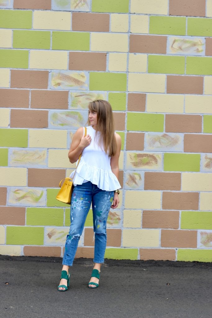 Banana Republic Ruffle Tank with Zara Paint Splattered Jeans and Suede Sandals