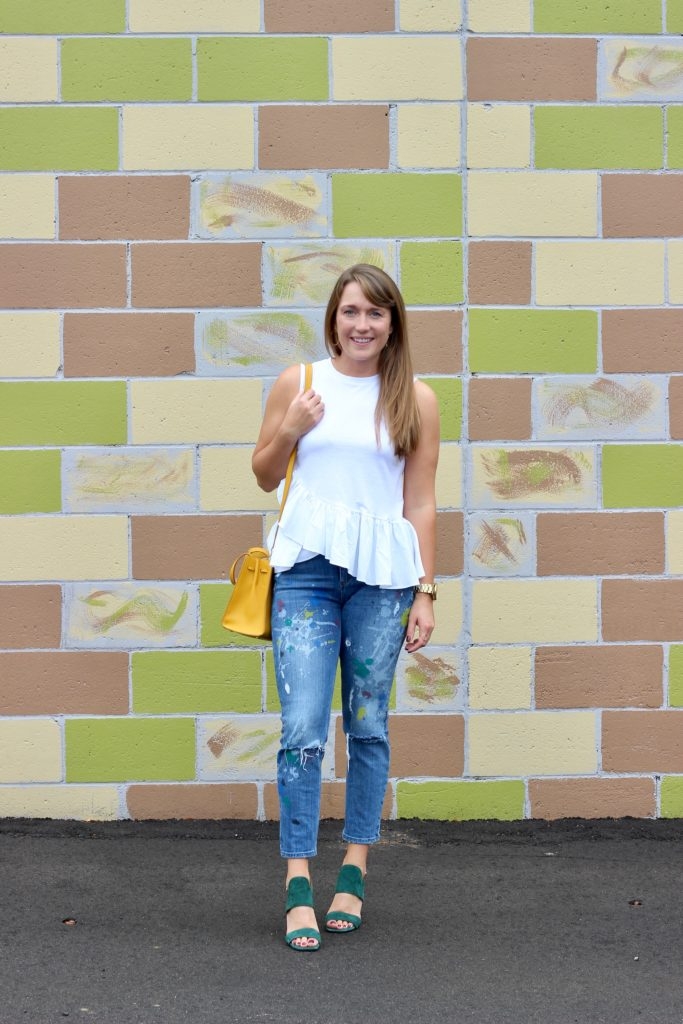 Banana Republic Ruffle Tank with Zara Paint Splattered Jeans and Suede Sandals