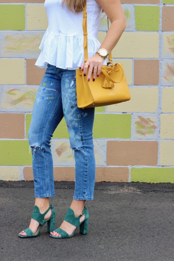 Zara Paint Splattered jeans with Ruffled Tank and Suede Heeled Sandals