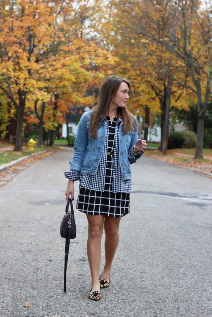 plaid shirtdress with denim jacket and leopard flats