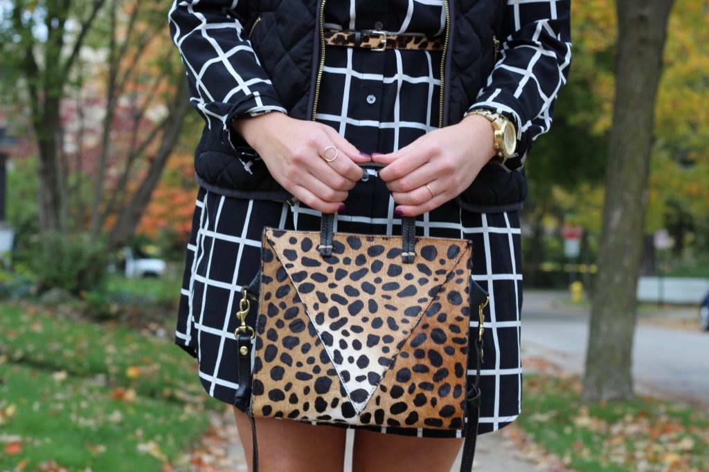 grid print dress with leopard accents and quilted vest