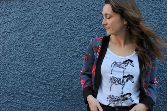 LOFT floral kimono with zebra graphic tee and skinny jeans