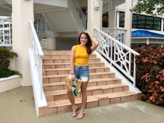 Zara Mustard Knit Shell with Jean Shorts in the Bahamas