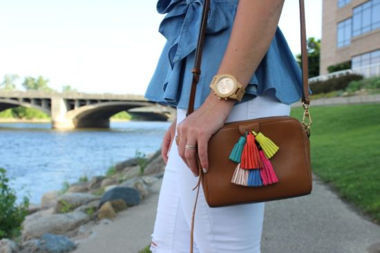 rebecca minkoff tassel crossbody purse with white denim