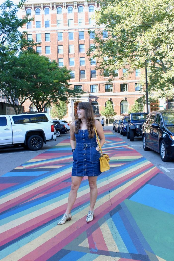 denim-bib-dress-in-rainbow-crosswalk-Grand-Rapids-MI-2