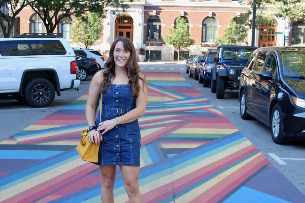 denim-bib-dress-in-rainbow-crosswalk-Grand-Rapids-MI-2