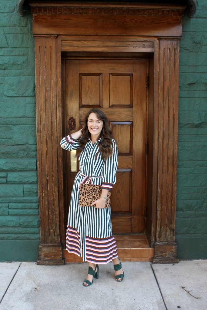 how not to deal with burnout with a Green striped Boden midi dress with leopard clutch on Cassidy Lou