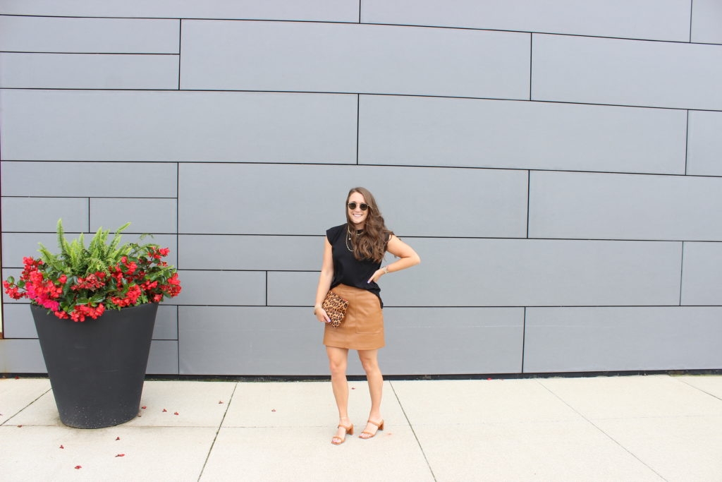 faux leather skirt with black tank on Cassidy Lou