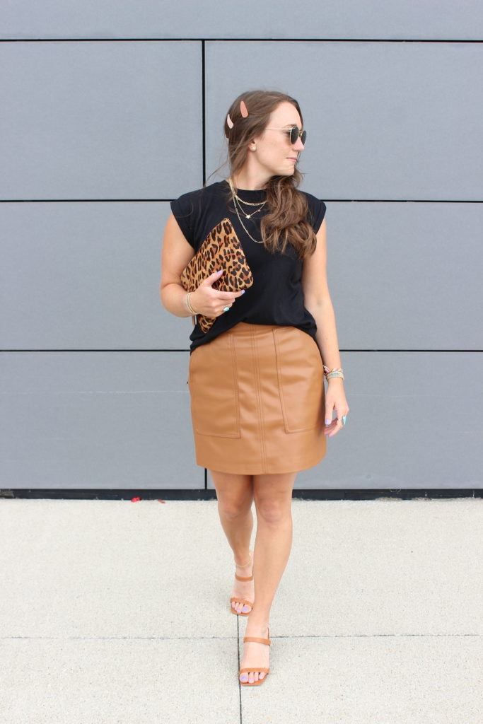 faux leather skirt with black tank + square toe sandals on Cassidy Lou 