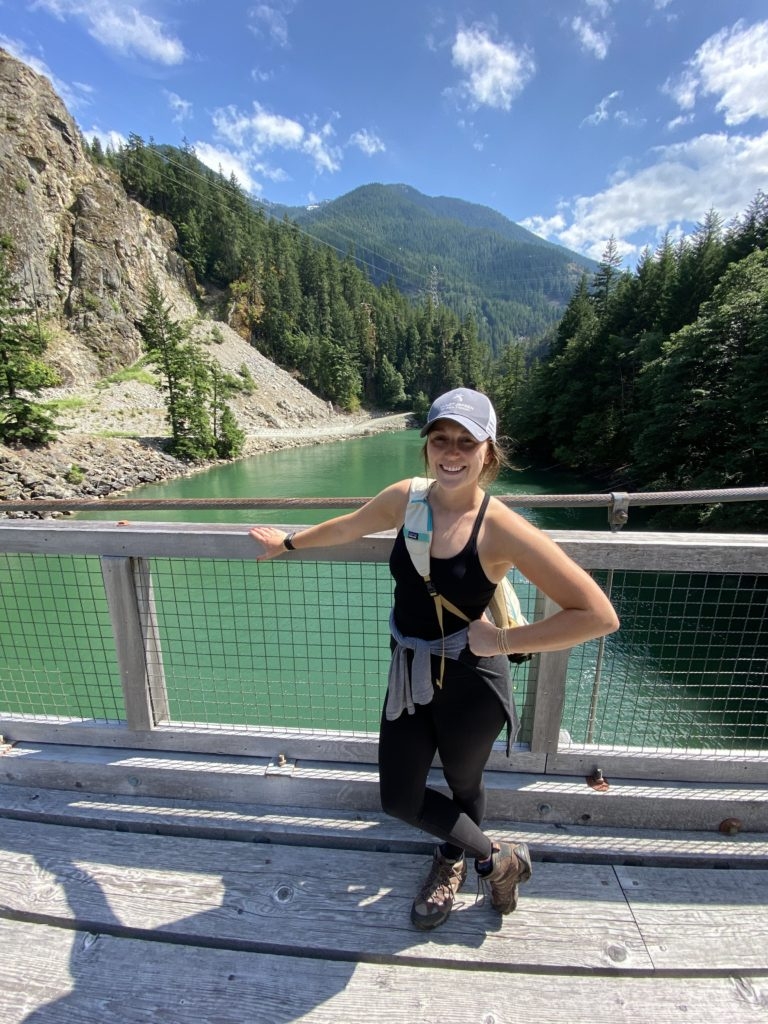 wearing athleta at Diablo Lake PNW packing