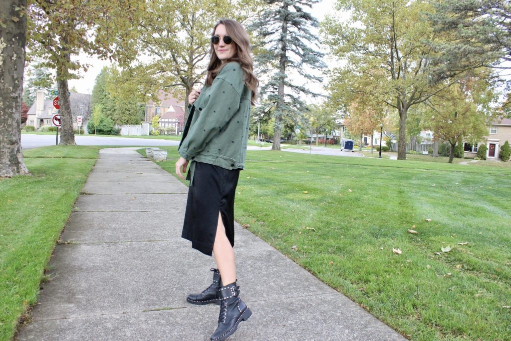 Styling a black slip dress with combat boots and cargo jacket by Madeline Mihaly