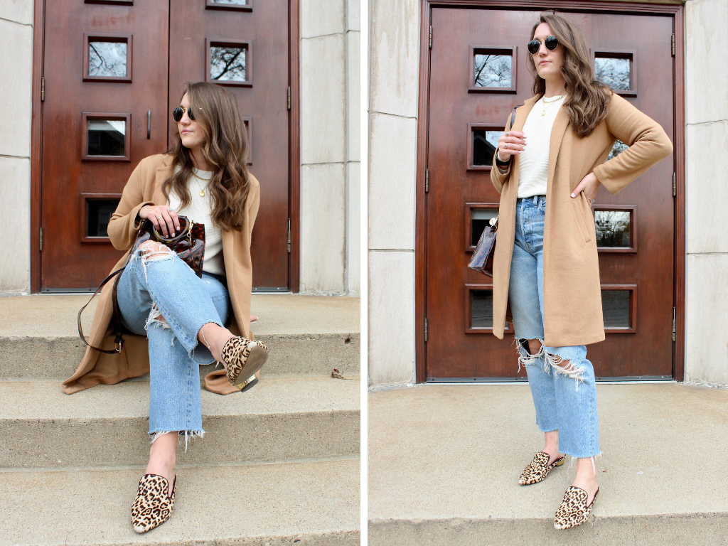 styling a tan knit jacket with ripped jeans by Madeline Mihaly