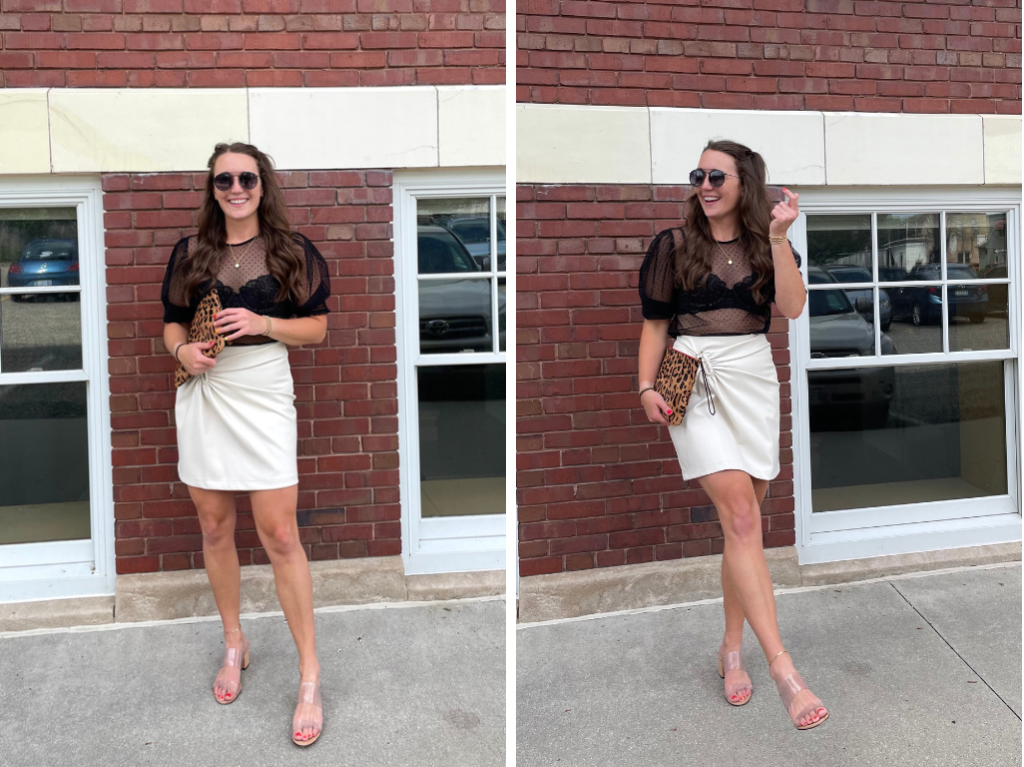 black top and cream skirt styling neutrals with Madeline Mihaly