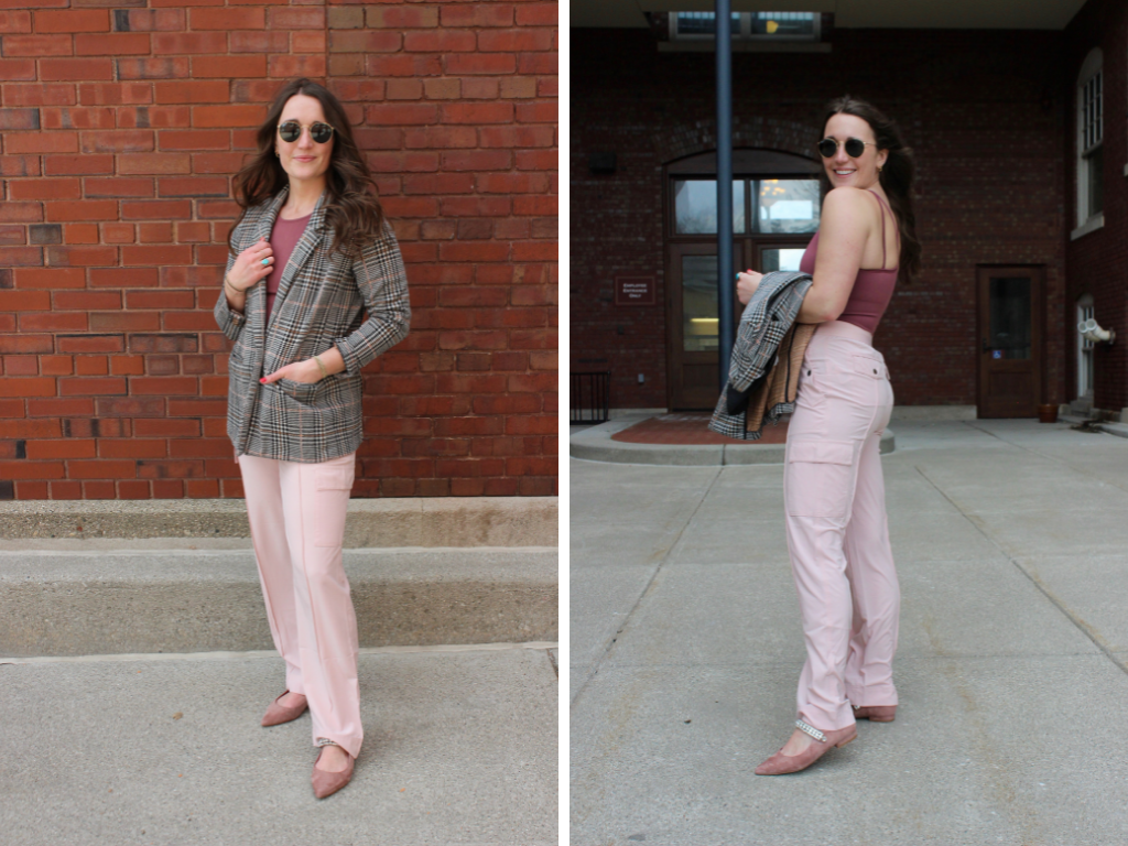 blush cargo pants styled for the office with Madeline Mihaly