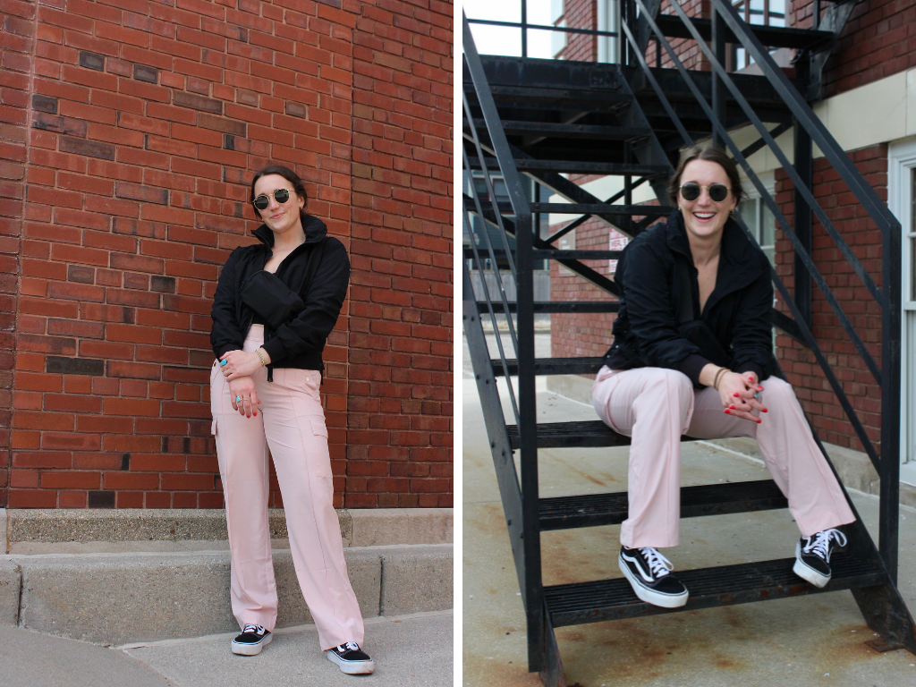 Athleta blush cargo pants styled casually with Madeline Mihaly